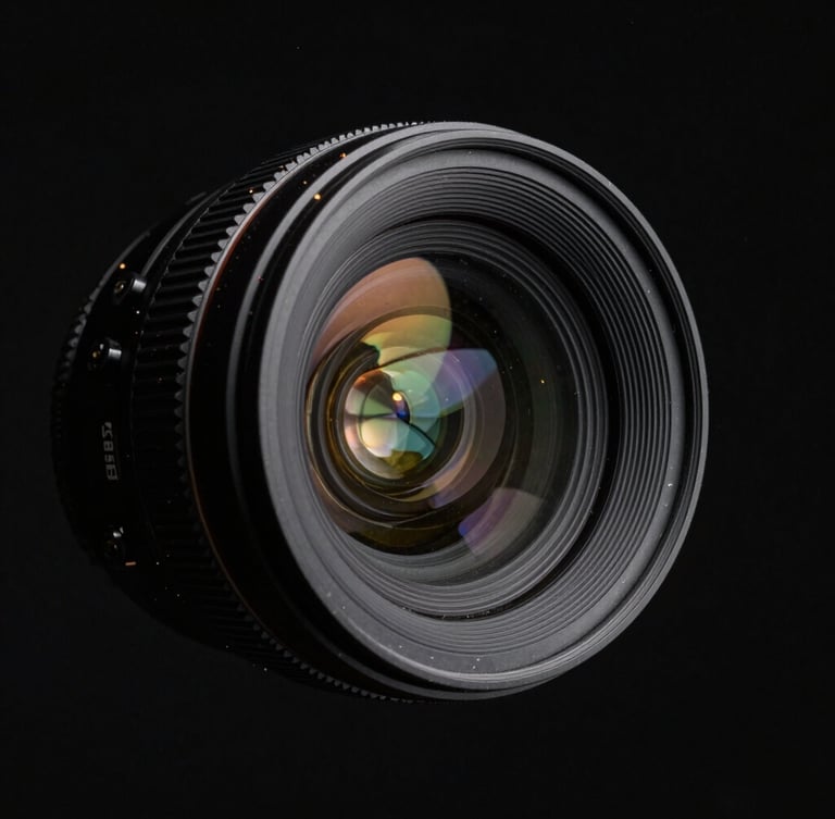 Cinematic medium shot of a camera lens element floating in dark space, light refracting through glass layers, subtle gold dust particles, deep black background