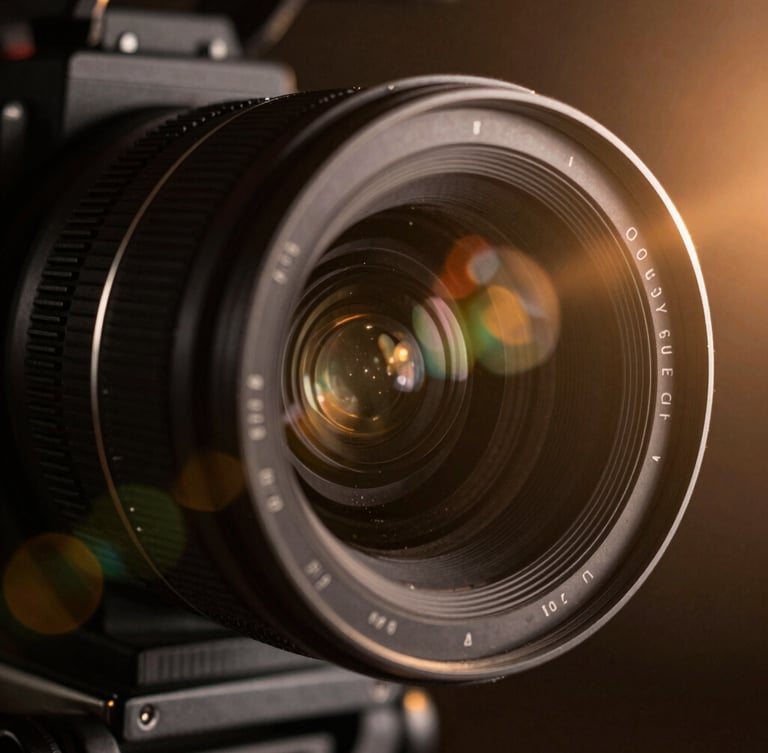 Extreme close-up of a high-end cinema camera lens, anamorphic flare, low-key cinematic lighting, deep shadows, rich warm tones