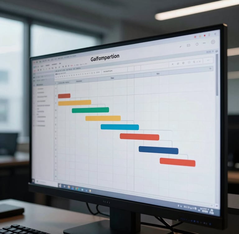 Tight action-oriented shot of a digital Gantt chart on a large monitor in a dimly lit war room, cool high-contrast office lighting