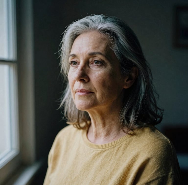 A thoughtful, candid portrait of a mature woman with silver-streaked hair, looking away from the camera in deep contemplation, soft natural window light with deep shadows, dark moody background, 35mm photography.