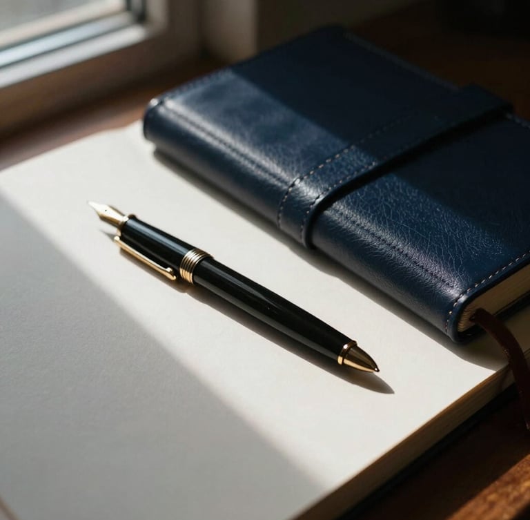 An elegant close-up of a desk with a fountain pen, open leather journal, and soft morning light casting long shadows across textured heavy paper, moody editorial aesthetic, 35mm.