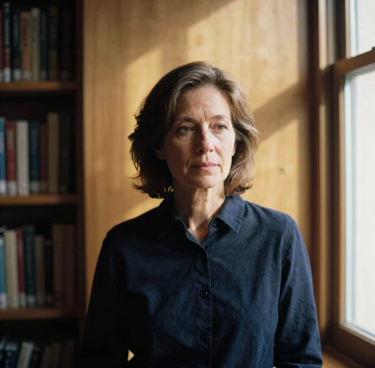 A thoughtful, candid medium-wide portrait of a mature woman in a quiet, sunlit library, soft directional window light casting deep shadows, warm gold tones, 35mm.