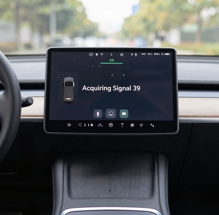 Straight-on close-up of a modern car dashboard screen displaying an 'Acquiring Signal' error message, bright natural daylight, clean matte console.