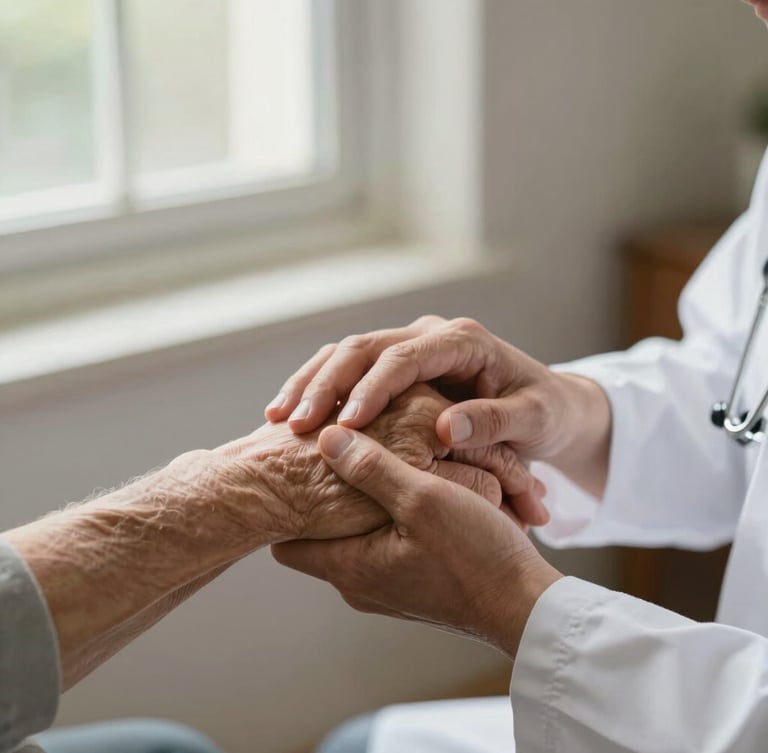 A close-up of a clinician gently holding an elderly patient's hand in warm window light, shallow depth of field