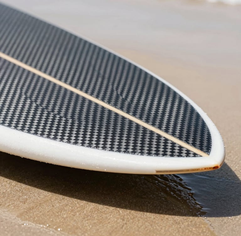 Close-up of a cross-section of a carbon-wrap skimboard core, showing the high-density foam and woven carbon fiber layers, crisp studio lighting, high-contrast, technical macro shot
