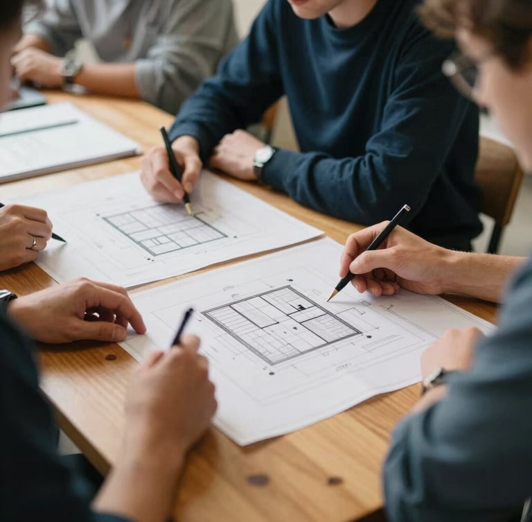 A collaborative planning session around a wooden table in a sunlit community center, focused on architectural blueprints and project timelines, warm daylight, 35mm photography