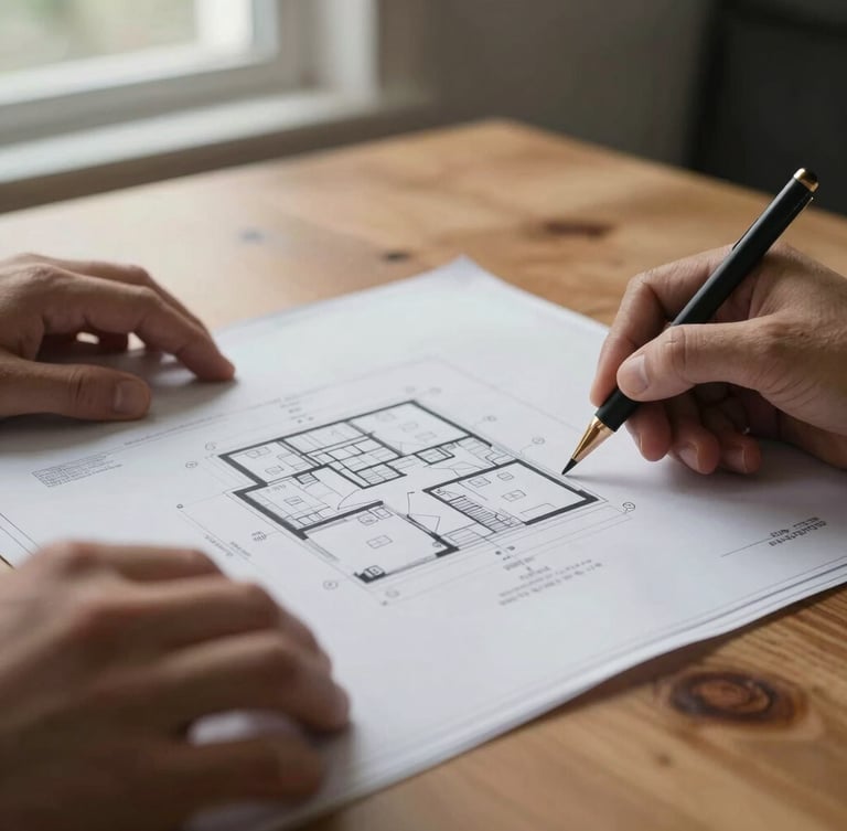 Macro shot of hands reviewing architectural blueprints and legal deeds on a solid oak table, soft side lighting from a window, high contrast, muted colors.