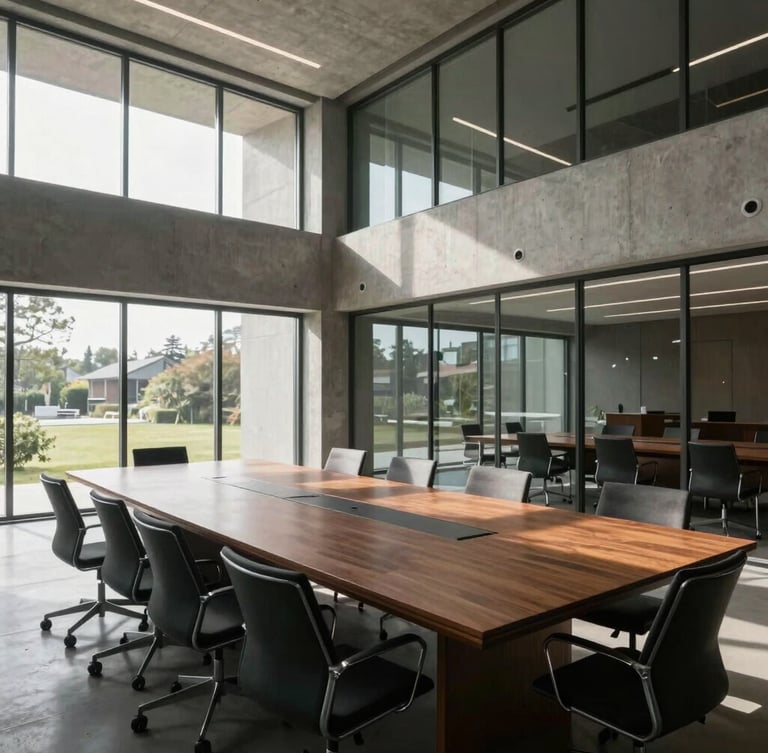 Wide environmental shot of a modern architectural boardroom with concrete and glass, soft natural light coming through a large window, deep shadows, representing stability and institutional scale.
