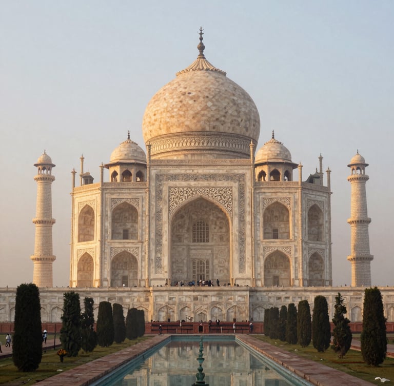 An uncrowded perspective of the Taj Mahal at sunrise, soft morning mist, elegant composition, warm editorial travel photography, 35mm