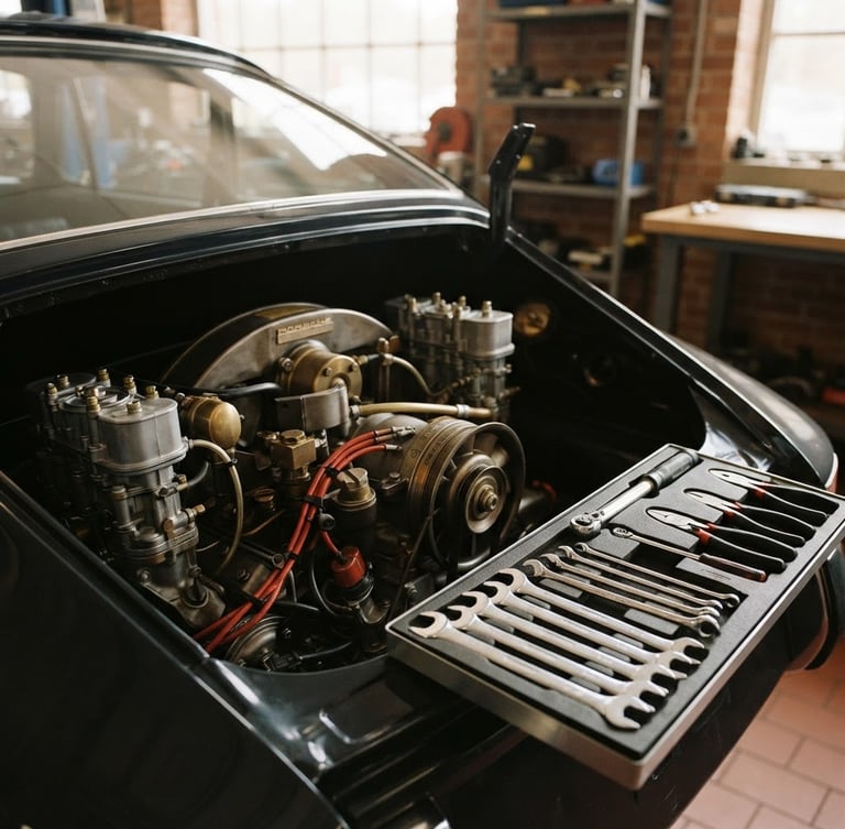 Warm editorial photography of a clean car engine bay with precisely aligned metallic tools on a side tray, natural workshop daylight, 35mm lens