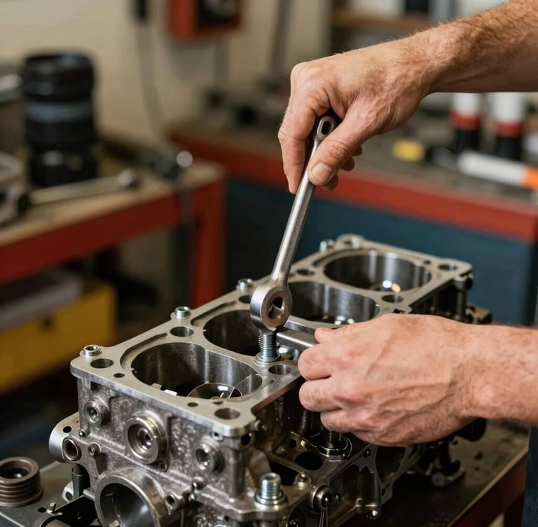 Warm editorial photography focusing on clean mechanic hands using a classic torque wrench to tighten a bolt on an engine block, organized garage background, 35mm lens