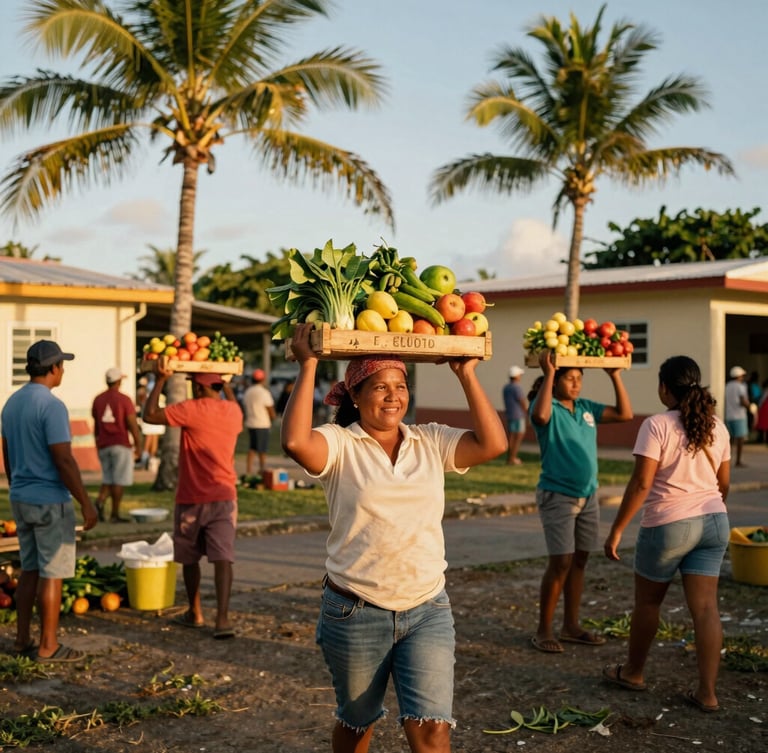 Warm editorial photography, tropical golden-hour sunlight, active community members in Puerto Rico carrying fresh local produce, vibrant saturated earth tones, authentic documentary style, 35mm