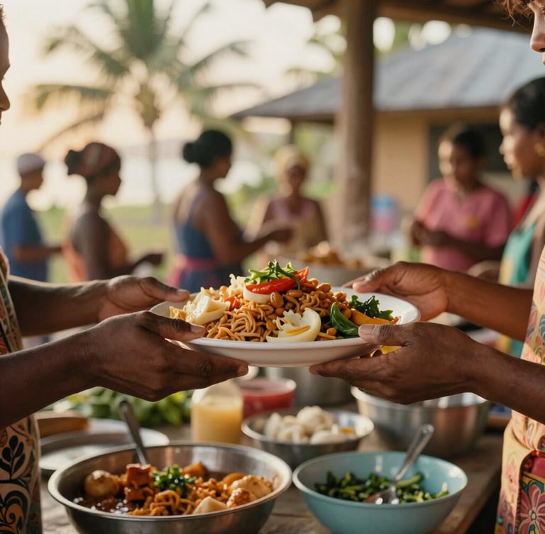Close-up of hands sharing a warm plate of food in a vibrant community kitchen, tropical golden-hour light, 35mm documentary style.