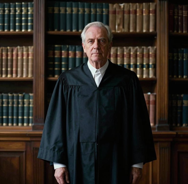 Solemn portrait of a senior jurist in dark robes standing in a heritage library, dramatic chiaroscuro lighting, leather-bound books in the background, cool slate tones