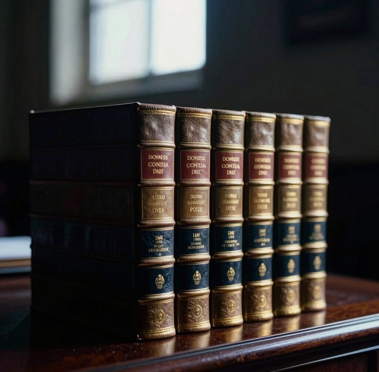 Solemn close-up of leather-bound legal volumes on a dark mahogany desk, dramatic low-key window light, cool navy shadows, warm gold highlights.
