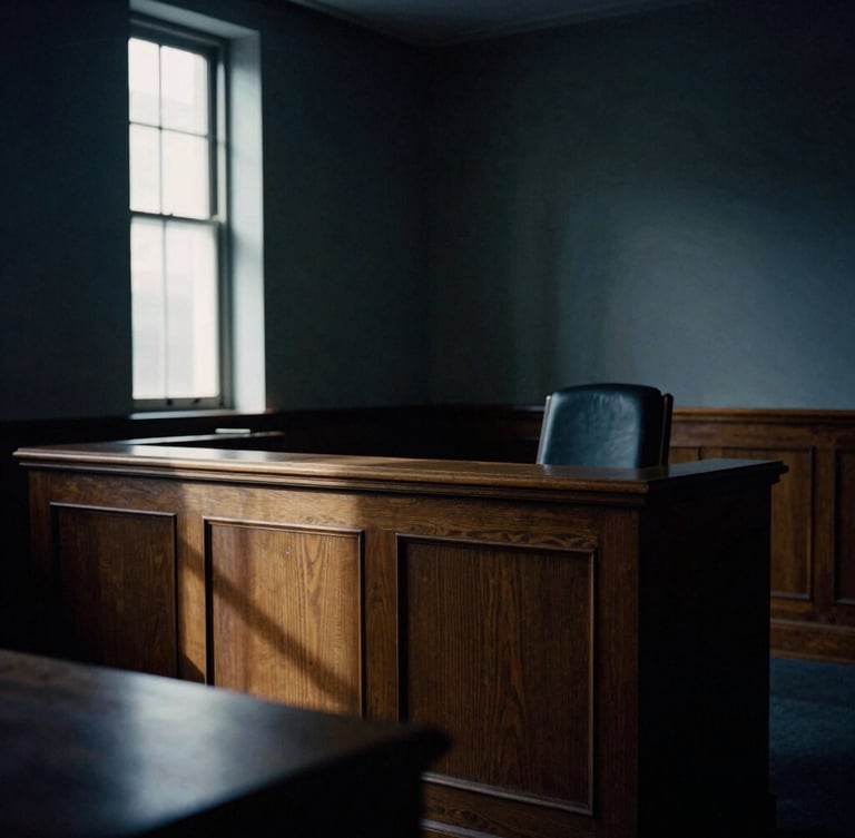Dramatic low-key photography of a solemn courtroom interior, side window light hitting a dark wood judge's bench, deep shadows, cool navy and warm gold tones, 35mm film.