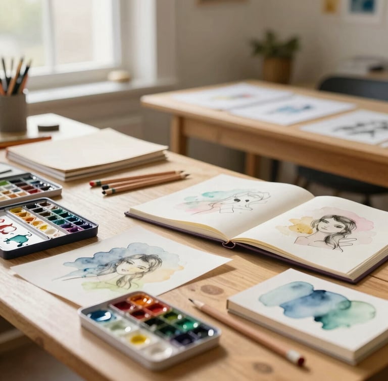 Wide panoramic view of Selena's sunlit studio, wooden tables covered in watercolor palettes, soft pencils, and sketchbooks, warm natural light pouring through a window