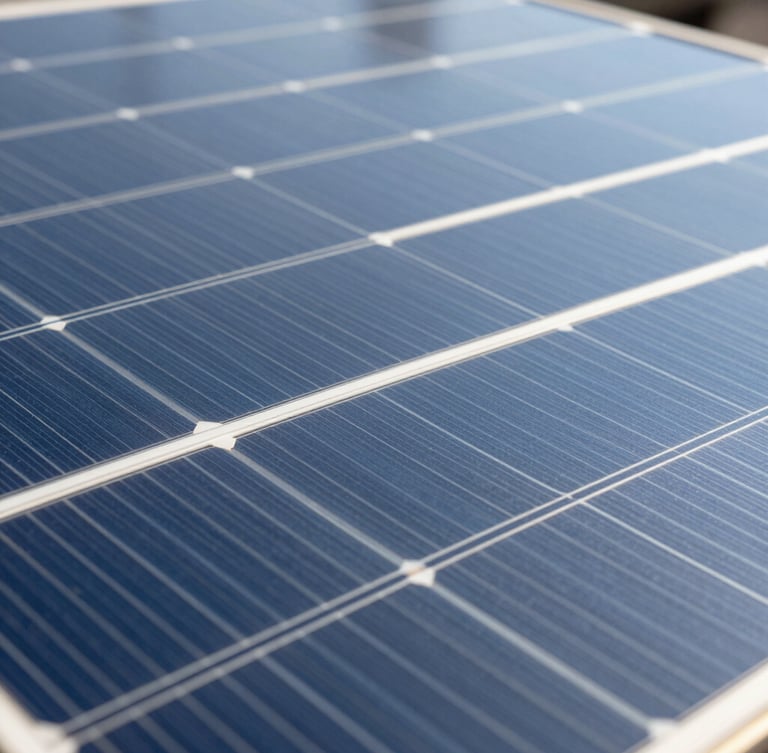 Crisp macro photograph of a silicon solar cell under bright natural daylight, highlighting precise technical grid lines and clean structural textures.