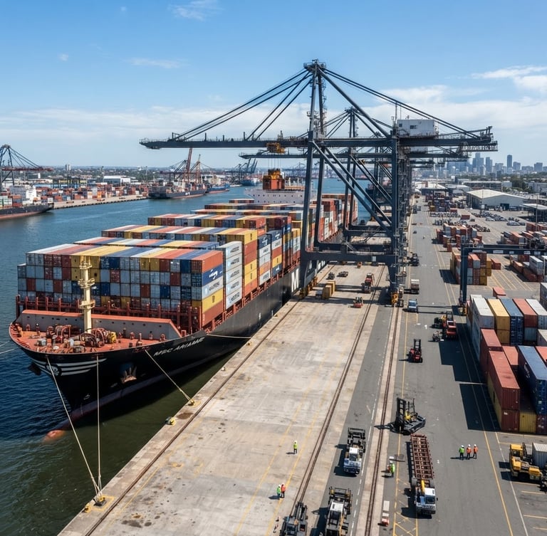 Wide-angle architectural shot of a modern container ship docked at port during bright daylight, clean industrial lines, high-contrast slate tones.