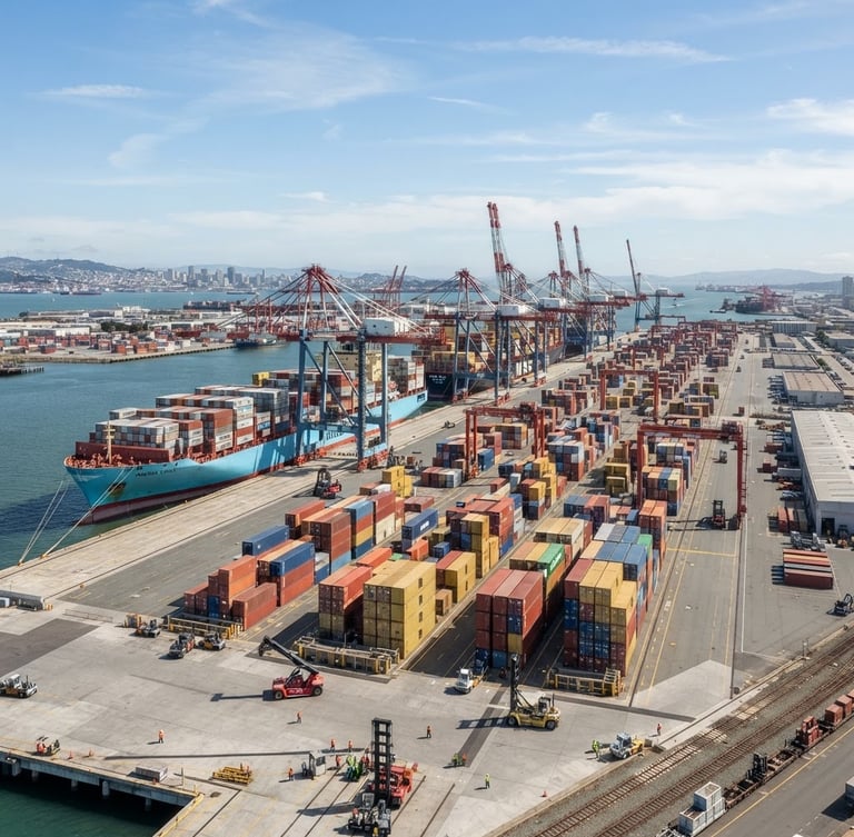 Wide-angle architectural shot of a modern cargo port at daylight, clean container ships, high clarity