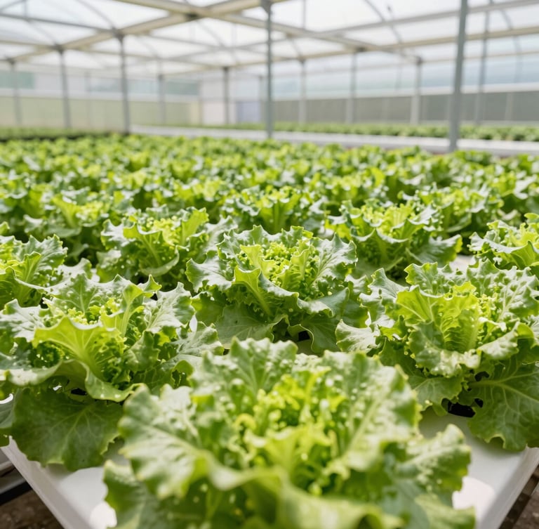Close-up of clean automated agricultural greenhouse systems, bright natural daylight, focusing on crisp green leafy vegetables with high-contrast clarity.