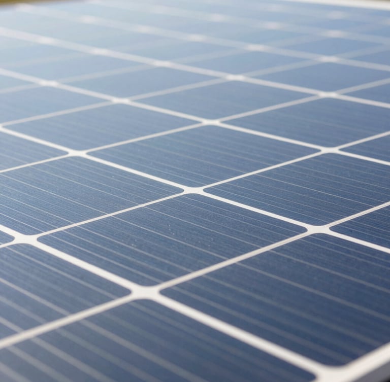 Close-up macro photography of high-purity silicon solar cells catching bright natural daylight, clean geometric grid lines, technical precision.