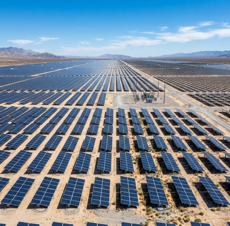 Wide-angle architectural shot of a massive desert solar array under bright natural daylight, crisp high-contrast silicon panels reflecting clear sky