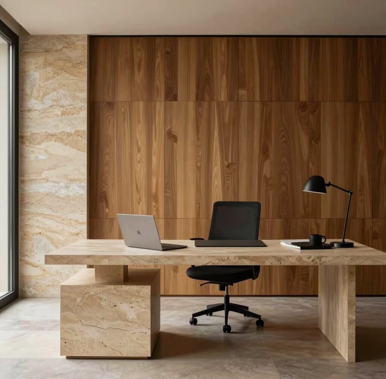 A minimalist private office interior in Barcelona, natural stone textures, warm wood paneling, soft atmospheric light.