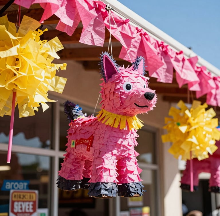 A bright, close-up editorial shot of the Reyes Nopalitos storefront on Airline Drive, colorful piñatas hanging under the Texas sun, vibrant pink and yellow tissue paper catching the light, 35mm lens.