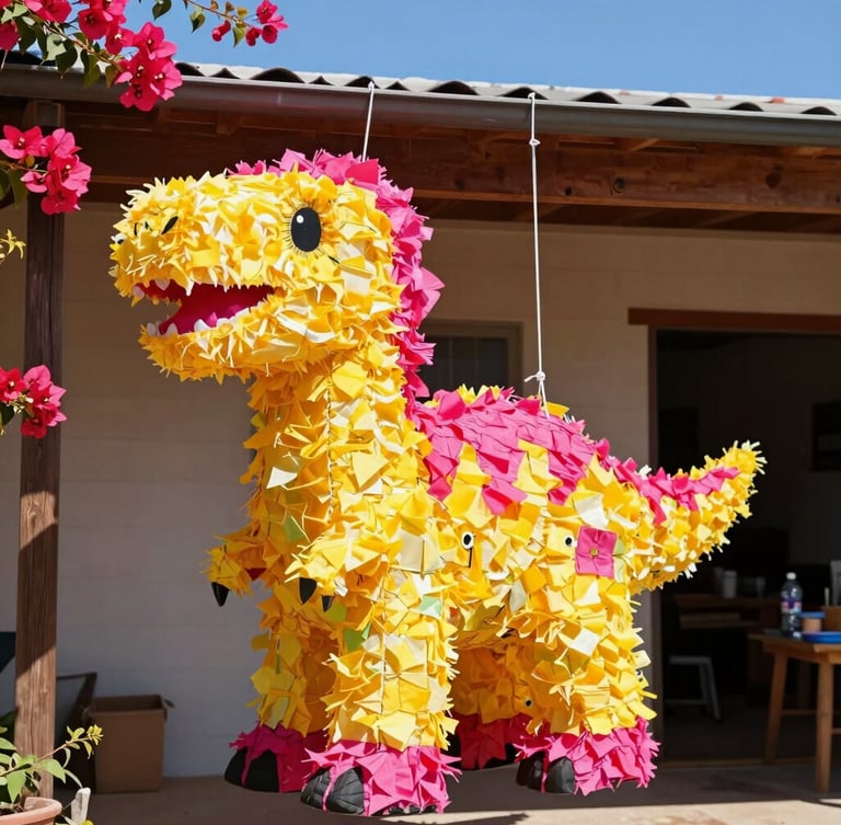 Vibrant portrait of a giant, custom-sculpted dinosaur piñata hanging in the bright Texas sun outside the workshop, saturated colors of bougainvillea pink and marigold yellow tissue paper texture.