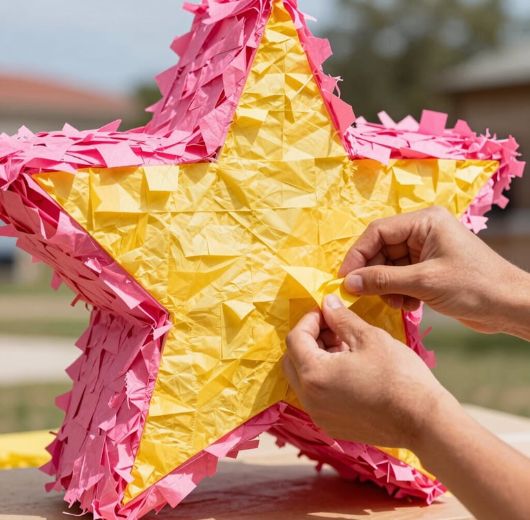 Close-up of artisan hands layering colorful pink and yellow tissue paper onto a custom star-shaped piñata frame, bright Texas daylight, shallow depth of field.