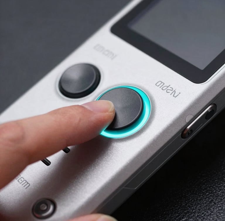 Extreme close-up of a finger pressing a physical mechanical button on a custom Android handheld console, sharp cyan rim light on matte metal