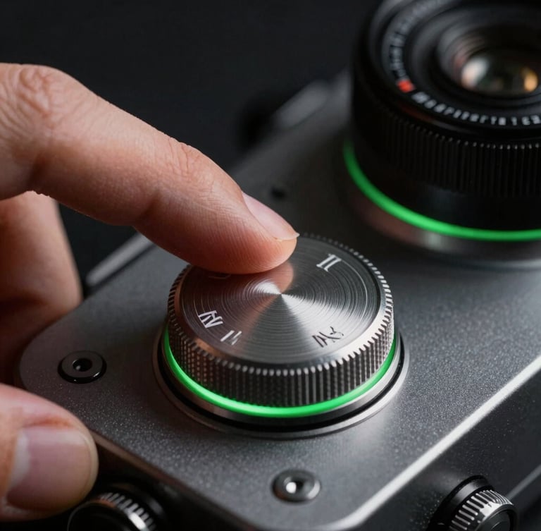 Macro portrait shot of a finger interacting with a physical metallic dial on a dark matte surface, high-contrast lighting with green accents