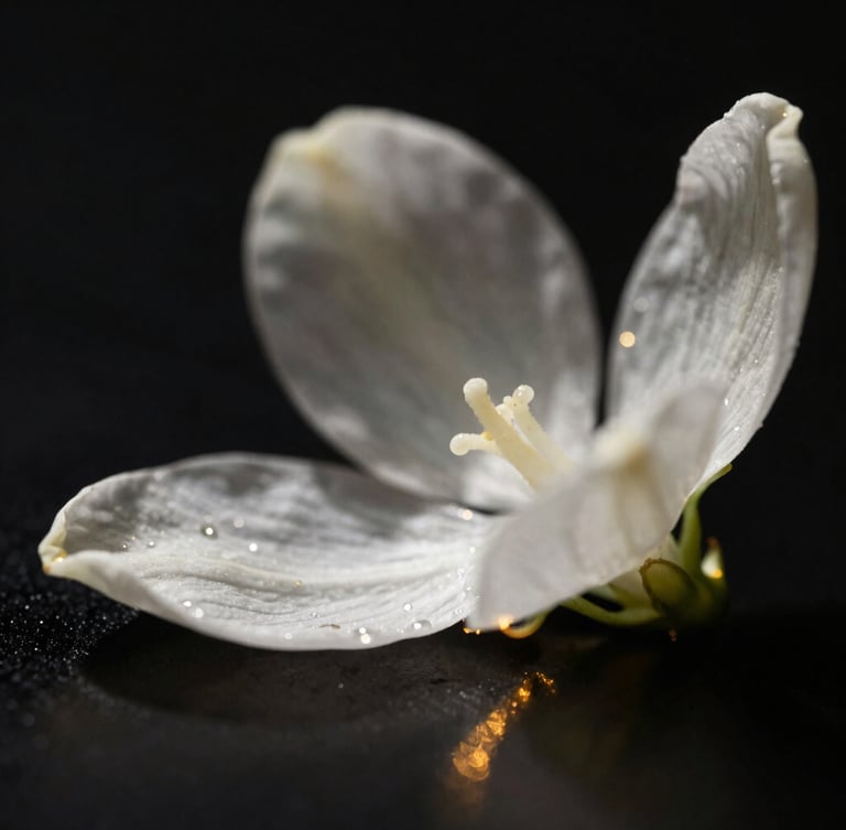 Macro close-up of a single, pristine jasmine petal, dramatically lit with chiaroscuro studio lighting, sharp shadows, deep black background, high-contrast luxury product photography.