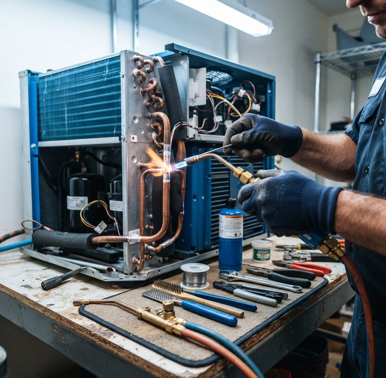 Close-up of hands repairing copper pipes of an air conditioner, clean tools on a workspace, bright utility lighting, high contrast blue tones, 35mm lens