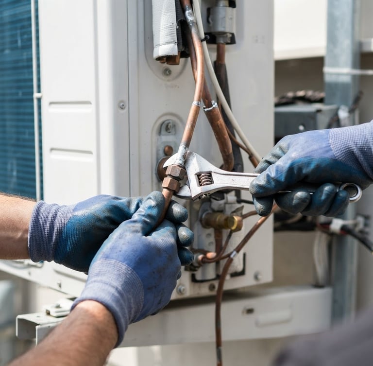 Close-up of a professional technician hands repairing a copper pipe of a minisplit air conditioner, bright natural daylight, high contrast blue and white tones, sharp focus
