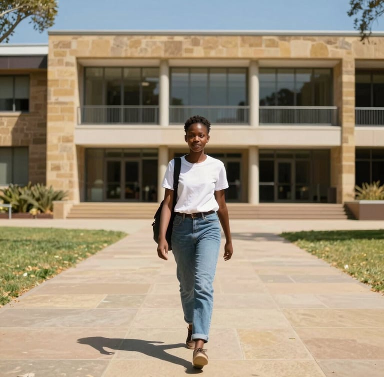 An East African student walking on a sunny Australian university campus, modern sandstone architecture in the background, bright daylight.