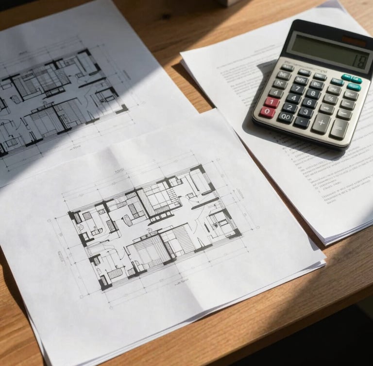 A top-down view of architectural blueprints, a calculator, and academic documents arranged on a wooden table, sharp daylight casting clean shadows.