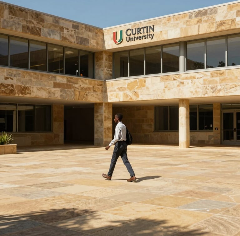 An East African student walking across the sunlit, modern sandstone campus of Curtin University in Perth, wide angle, bright daylight.