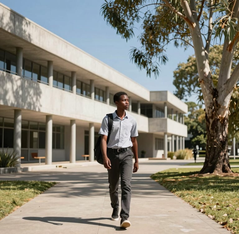 A young East African student walking on a sunny modern university campus in Perth, architectural concrete and eucalyptus trees in the background, bright natural daylight.