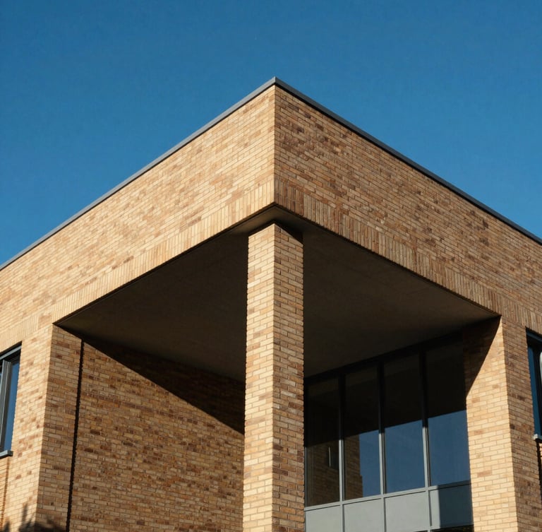 A sharp architectural detail of a modern university pavilion in Perth, sand-colored brickwork contrasting with bright blue sky, clean geometric lines.