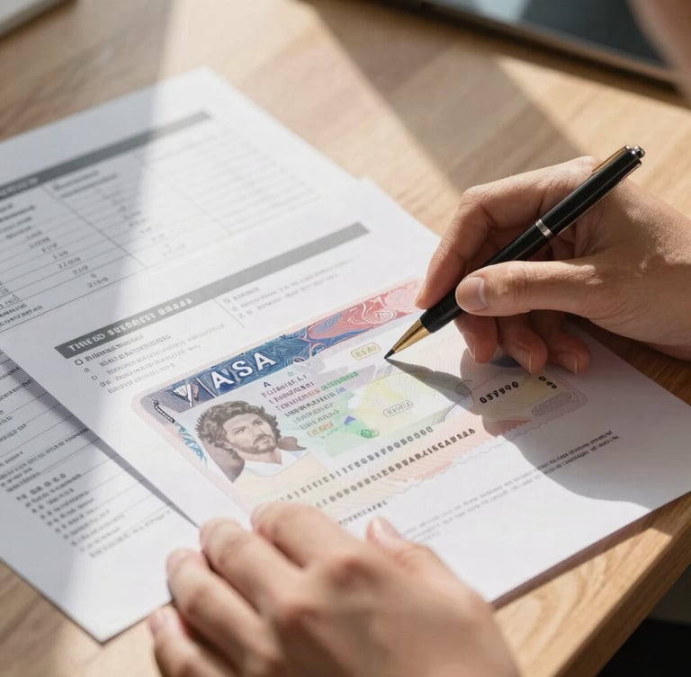 A close-up of hands reviewing visa documents and financial spreadsheets on a wooden desk, warm sunlight streaming across the papers, clean and professional framing