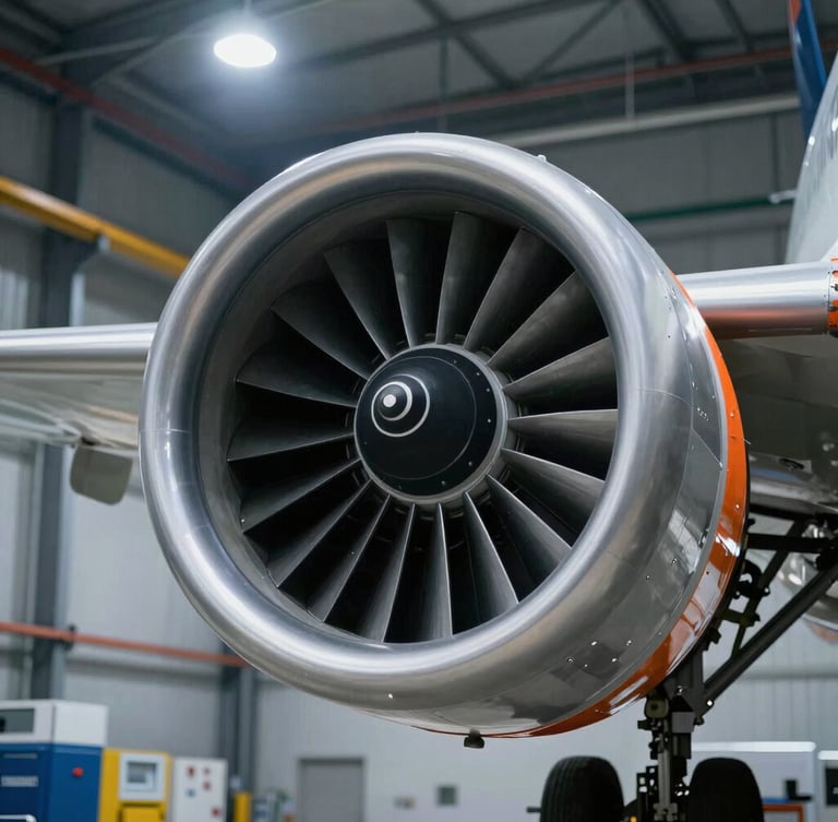 Close-up of aircraft turbine maintenance under high-contrast industrial hangar lighting, cool metallic tones, sharp focus, 35mm
