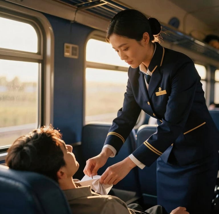 A dedicated rail concierge assisting a traveler in a luxurious train cabin, warm golden light streaming through the window, soft focus on the concierge's hands and the traveler's relaxed posture, cinematic, 35mm