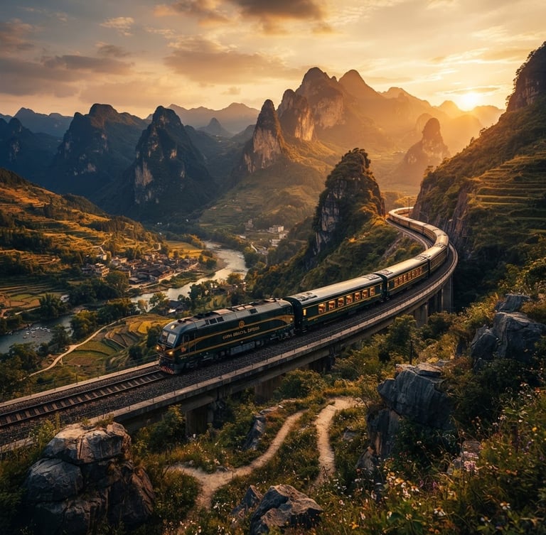 Wide panoramic view of a luxury train winding through dramatic Chinese mountain landscapes at golden hour, elegant and cinematic.