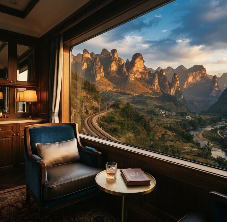 Wide panoramic view from a luxury train suite window, showing a dramatic northern Chinese mountain landscape under golden hour light, elegant interior details in the foreground. Cinematic, 35mm.