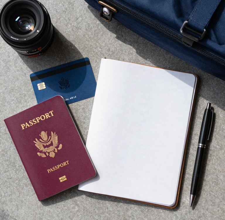A top-down flat lay of international travel essentials for a student, including a passport, a sleek multi-currency forex card, a clean notebook, and a pen on a slate-gray desk in bright natural daylight.