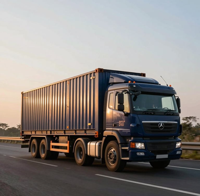 Cinematic industrial photography of a modern cargo truck driving on an Indian highway at sunrise, golden morning light reflecting off the metallic container, wide-angle lens, 35mm