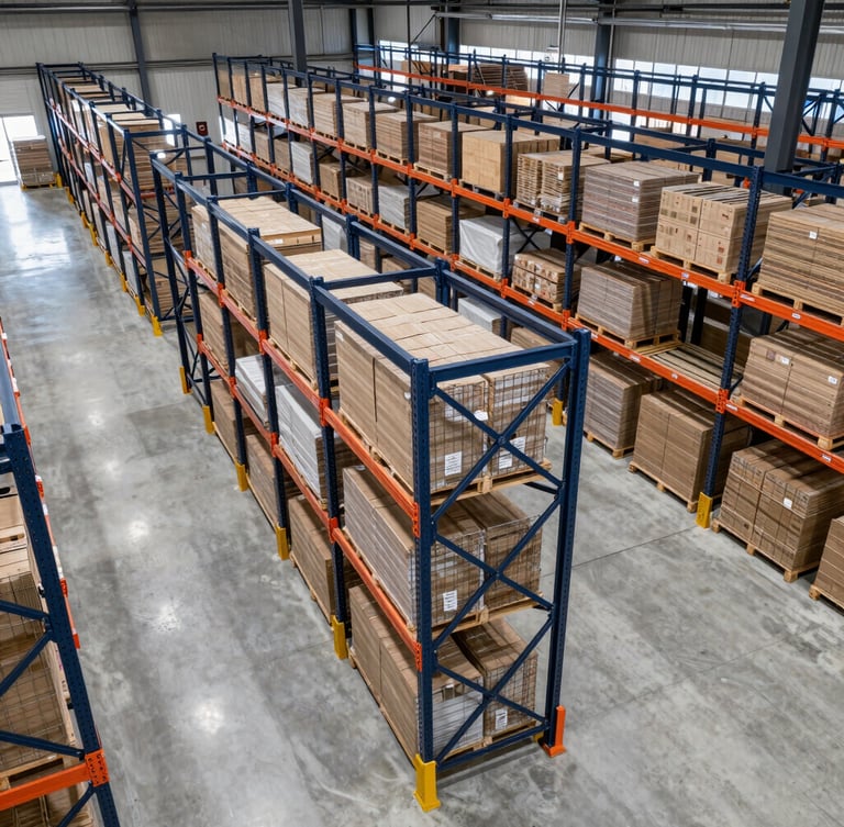 Overhead high-angle view of an organized, modern high-bay logistics warehouse with clean concrete floors, industrial high-key lighting, deep navy steel framing, cinematic 35mm
