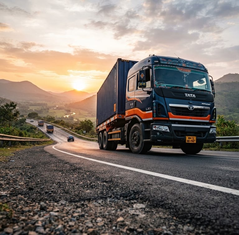 Low-angle dynamic shot of a modern cargo truck on an Indian highway during sunrise, cinematic industrial photography, deep navy and safety orange tones, wide-angle lens, 35mm